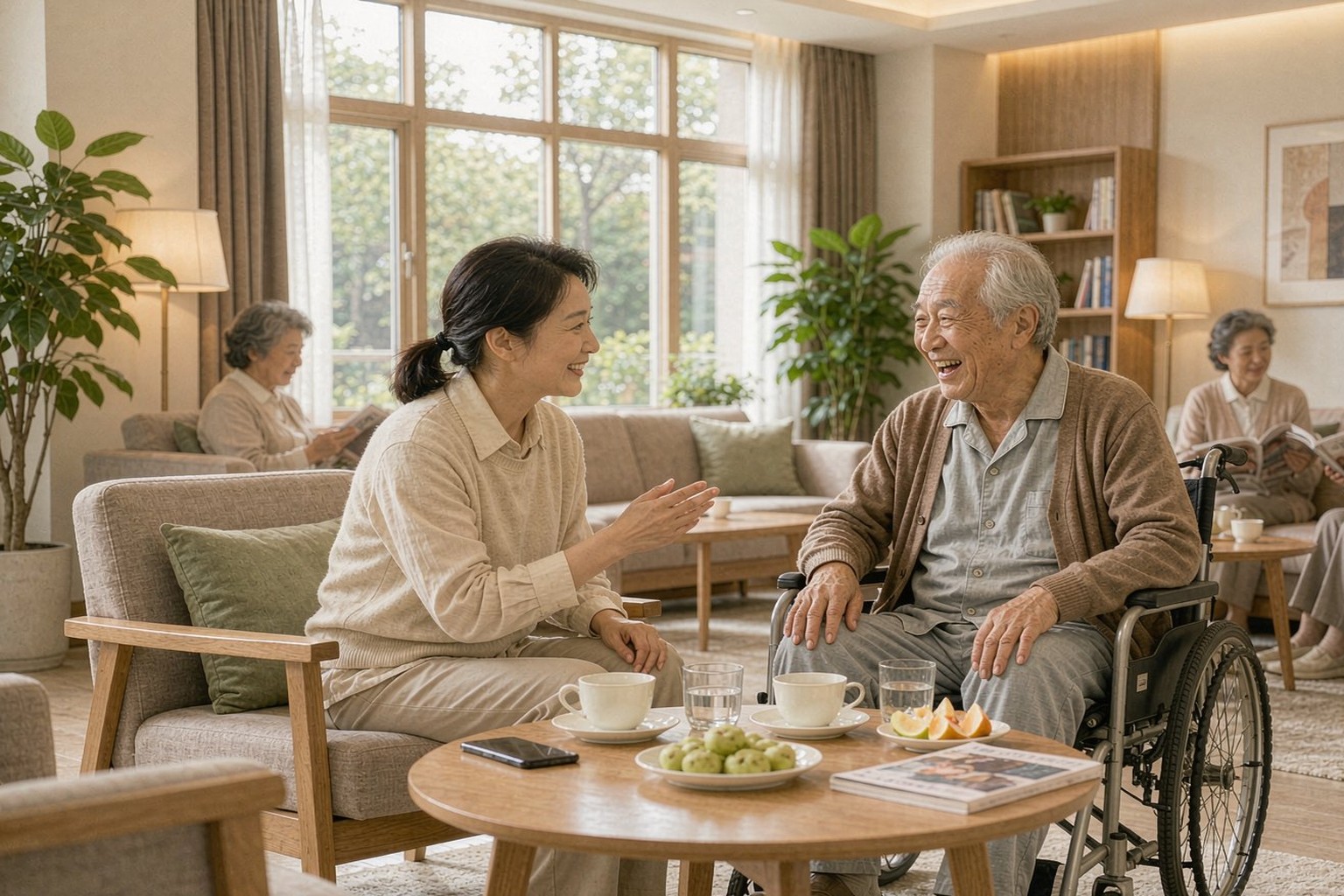 老少同住计划（代际共融·青年驻留）：青年与长者共饮茶、聊天的温馨共享客厅